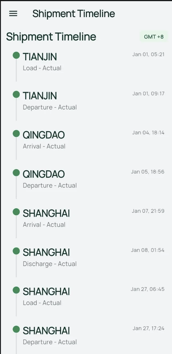 ComexWise mobile shipment timeline with completed logistics milestones